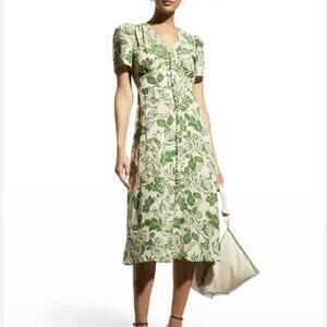 Hunter Bell NYC Larson Loop Button Floral Silk Midi Dress Green Gardens Size 2